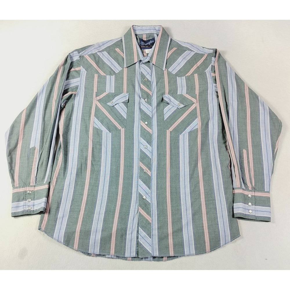 Vintage Wrangler Shirt Mens Large Multicolored Striped Western Pearl Snap Cowboy